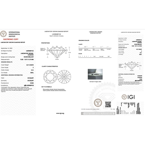 204 - 5.01CT ROUND SHAPED LAB-GROWN DIAMOND, COLOUR E, CLARITY VS2. COMES WITH IGI CERTIFICATE. MEASUREMEN... 