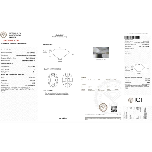 218 - 4.04CT OVAL SHAPED LAB-GROWN DIAMOND, COLOUR E, CLARITY VS1. COMES WITH IGI CERTIFICATE. MEASUREMENT... 