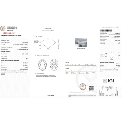 232 - 3.54CT OVAL SHAPED LAB-GROWN DIAMOND, COLOUR E, CLARITY VS1. COMES WITH IGI CERTIFICATE. MEASUREMENT... 