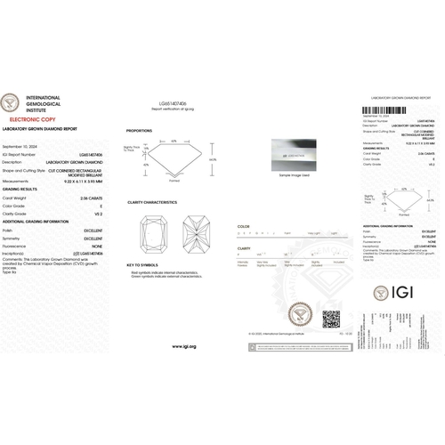 526 - 2.06CT RADIANT SHAPED LAB-GROWN DIAMOND, COLOUR E, CLARITY VS2. COMES WITH IGI CERTIFICATE. MEASUREM... 