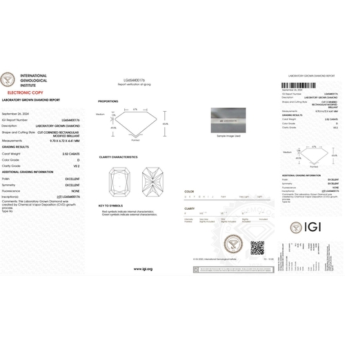 596 - 2.52CT RADIANT SHAPED LAB-GROWN DIAMOND, COLOUR D, CLARITY VS2. COMES WITH IGI CERTIFICATE. MEASUREM... 