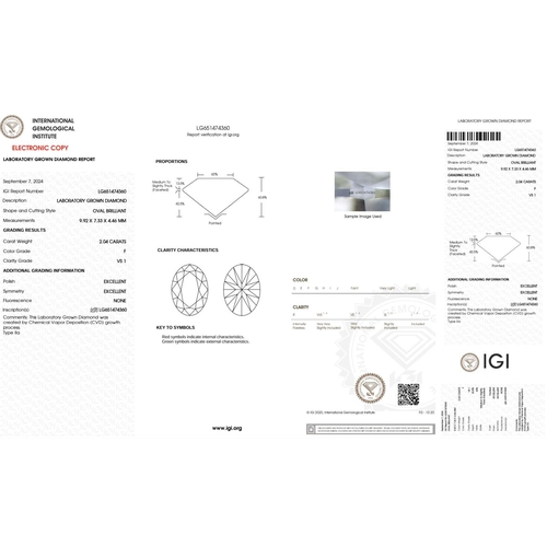 610 - 2.04CT OVAL SHAPED LAB-GROWN DIAMOND, COLOUR F, CLARITY VS1. COMES WITH IGI CERTIFICATE. MEASUREMENT... 