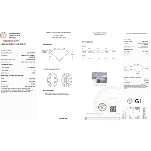 624 - 2.52CT OVAL SHAPED LAB-GROWN DIAMOND, COLOUR D, CLARITY VS1. COMES WITH IGI CERTIFICATE. MEASUREMENT... 