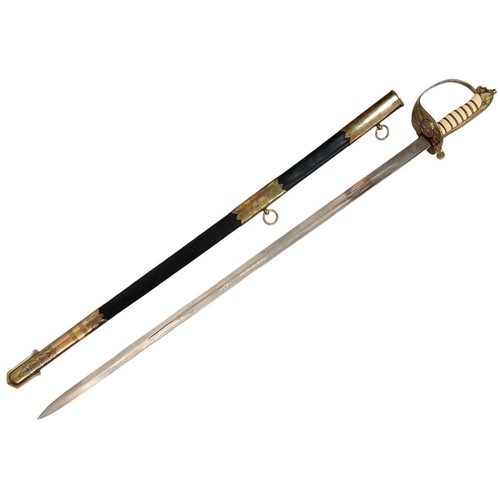 542 - A 20th Century Queen Elizabeth Lions Head Naval Sword and Scabbard. Clip Lock, Correctly Stamped. 96... 