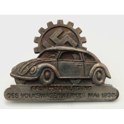 579 - A 3rd Reich Volkswagen KDF Factory Groundbreaking Pin. Tinnie badges like this were sold at the cere... 