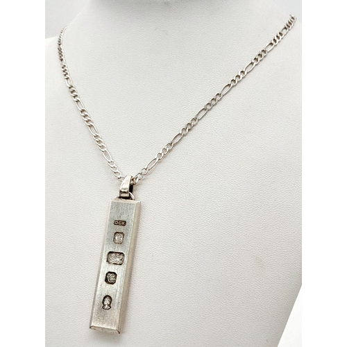 640 - A Heavy, Bevel Edged, 1977 Hallmarked Silver Ingot Necklace (Jubilee Year)- 40cm Length Curb Link St... 