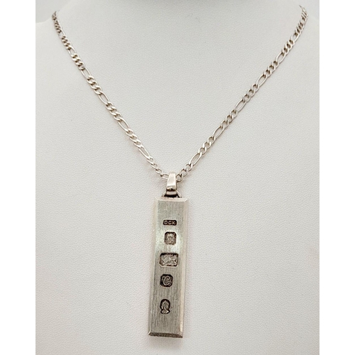 640 - A Heavy, Bevel Edged, 1977 Hallmarked Silver Ingot Necklace (Jubilee Year)- 40cm Length Curb Link St... 