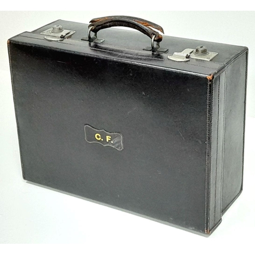 93 - A GENUINE ANTIQUE TRAVEL CASE FROM THE TURN OF THE CENTURY WITH HALLMARKED SILVER BOTTLE TOPS AND BR... 