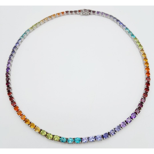 598 - A Stunning Sterling Silver Multi Gemstone Set Necklace-46cm Length. Set with Eight-Two 5mm Oval Cut ... 