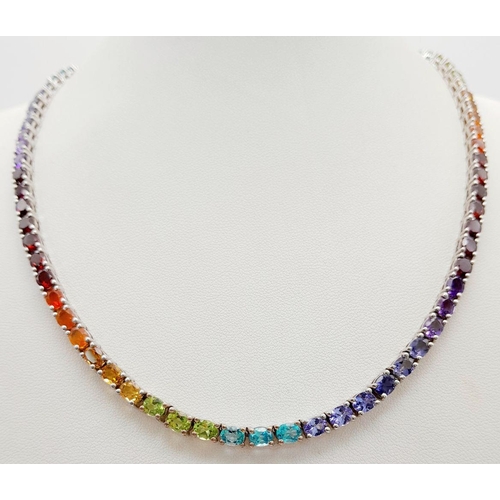 598 - A Stunning Sterling Silver Multi Gemstone Set Necklace-46cm Length. Set with Eight-Two 5mm Oval Cut ... 