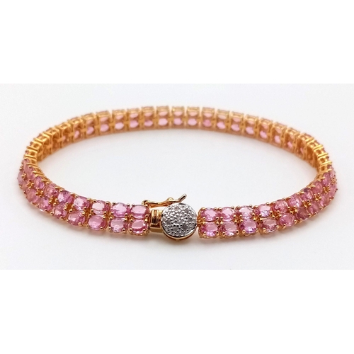 626 - A Yellow Gold Gilt Sterling Silver Diamond and Pink Tourmaline Bracelet-20.5cm Length. Set with a cl... 