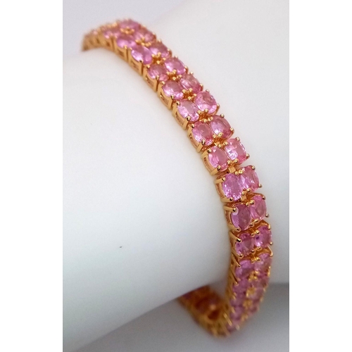 626 - A Yellow Gold Gilt Sterling Silver Diamond and Pink Tourmaline Bracelet-20.5cm Length. Set with a cl... 