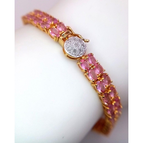 626 - A Yellow Gold Gilt Sterling Silver Diamond and Pink Tourmaline Bracelet-20.5cm Length. Set with a cl... 