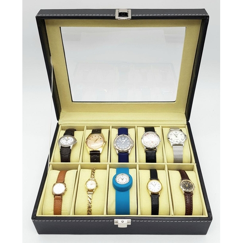 717 - A Ten watch Display Box with Ten  Dress and Fashion Watches Comprising; 1) A Unisex Timex Expedition... 