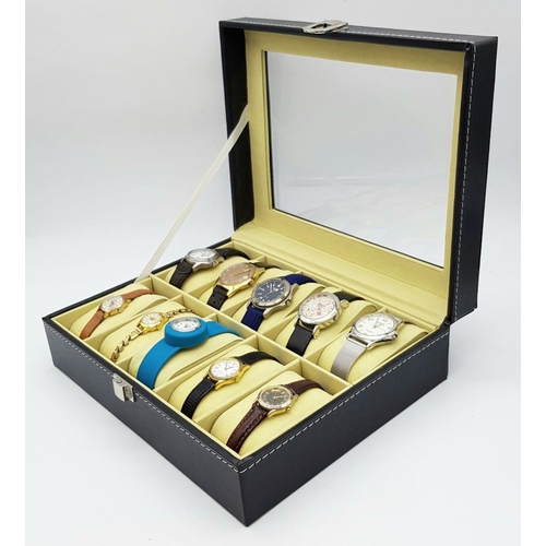 717 - A Ten watch Display Box with Ten  Dress and Fashion Watches Comprising; 1) A Unisex Timex Expedition... 