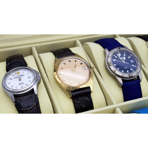 717 - A Ten watch Display Box with Ten  Dress and Fashion Watches Comprising; 1) A Unisex Timex Expedition... 