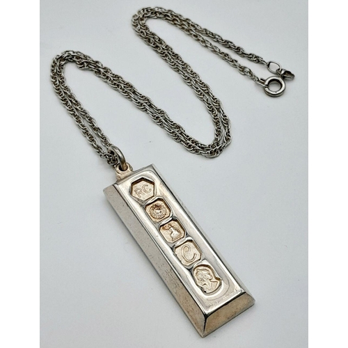 724 - A Heavy, Bevel Edged, 1977 Hallmarked Silver Ingot Necklace (Jubilee Year)- 41cm Length Sterling Sil... 