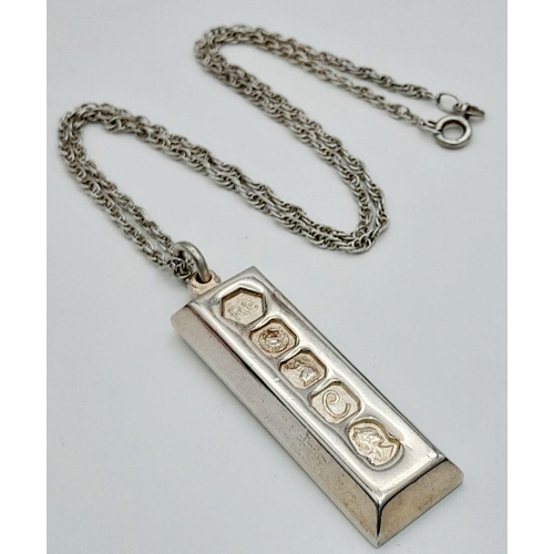 724 - A Heavy, Bevel Edged, 1977 Hallmarked Silver Ingot Necklace (Jubilee Year)- 41cm Length Sterling Sil... 