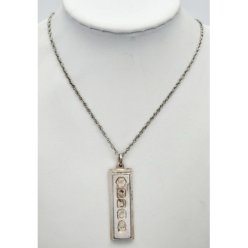 724 - A Heavy, Bevel Edged, 1977 Hallmarked Silver Ingot Necklace (Jubilee Year)- 41cm Length Sterling Sil... 