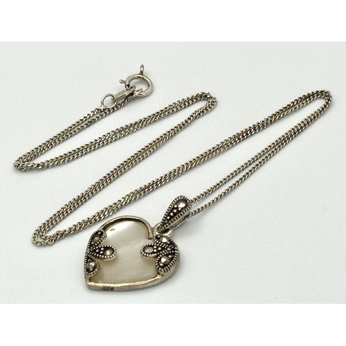 857 - A Sterling Silver Mother of Pearl & Marcasite Heart Pendant Necklace- 46cm Length Chain. Pendant Mea... 