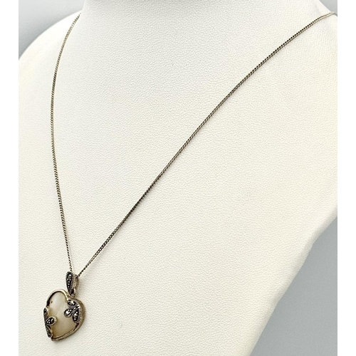 857 - A Sterling Silver Mother of Pearl & Marcasite Heart Pendant Necklace- 46cm Length Chain. Pendant Mea... 