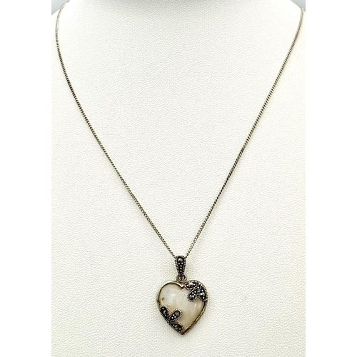 857 - A Sterling Silver Mother of Pearl & Marcasite Heart Pendant Necklace- 46cm Length Chain. Pendant Mea... 