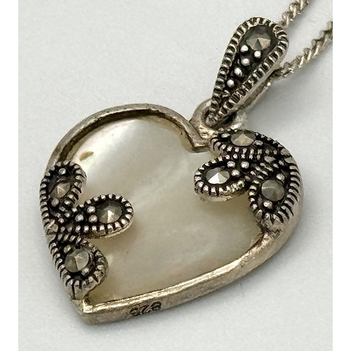 857 - A Sterling Silver Mother of Pearl & Marcasite Heart Pendant Necklace- 46cm Length Chain. Pendant Mea... 