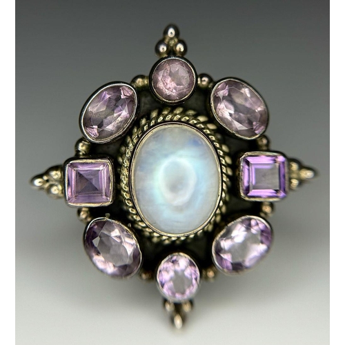 955 - A Vintage Sterling Silver Art Deco Design Moonstone and Amethyst Statement Ring Size K1/2. The Ring ... 