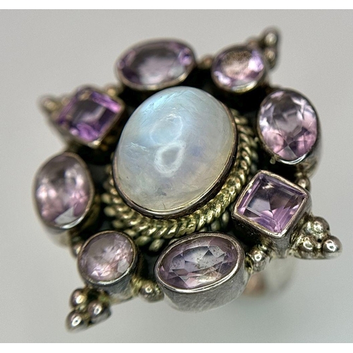 955 - A Vintage Sterling Silver Art Deco Design Moonstone and Amethyst Statement Ring Size K1/2. The Ring ... 