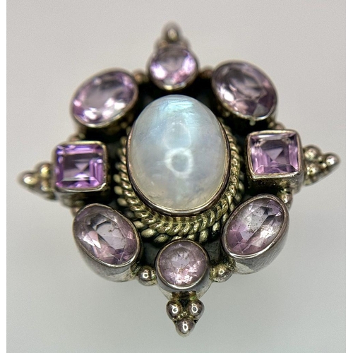 955 - A Vintage Sterling Silver Art Deco Design Moonstone and Amethyst Statement Ring Size K1/2. The Ring ... 