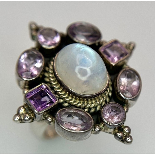 955 - A Vintage Sterling Silver Art Deco Design Moonstone and Amethyst Statement Ring Size K1/2. The Ring ... 