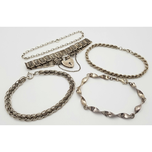 968 - Five Solid Silver 925 Bracelets, Various Styles, Total weight: 39 grams, All approx. 19cm. All in ve... 