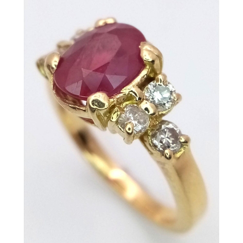 108 - AN 18K YELLOW GOLD (TESTED) DIAMOND AND RUBY RING. 1.50CT OVAL RUBY, 0.18CTW DIAMONDS. 5.2G, SIZE M.... 