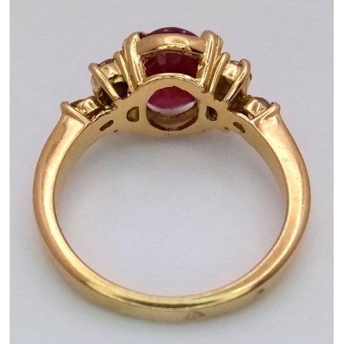 108 - AN 18K YELLOW GOLD (TESTED) DIAMOND AND RUBY RING. 1.50CT OVAL RUBY, 0.18CTW DIAMONDS. 5.2G, SIZE M.... 