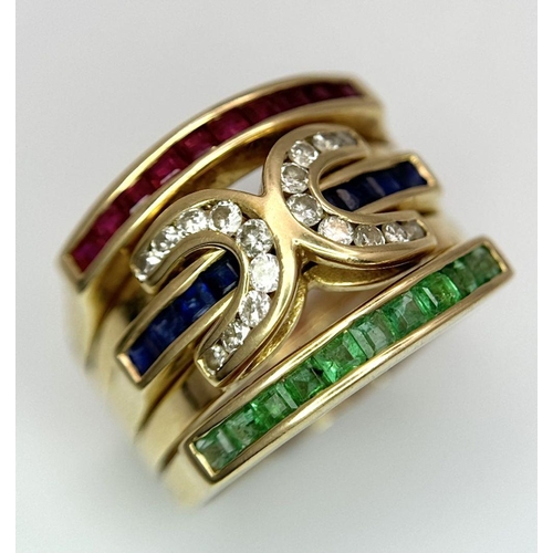 148 - A 14K YELLOW GOLD DIAMOND, RUBY, SAPPHIRE AND EMERALD FANCY RING. 7.4G, SIZE O. PUZZLE DESIGN CENTRE... 