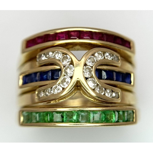 148 - A 14K YELLOW GOLD DIAMOND, RUBY, SAPPHIRE AND EMERALD FANCY RING. 7.4G, SIZE O. PUZZLE DESIGN CENTRE... 