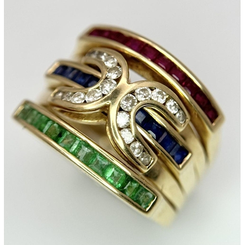 148 - A 14K YELLOW GOLD DIAMOND, RUBY, SAPPHIRE AND EMERALD FANCY RING. 7.4G, SIZE O. PUZZLE DESIGN CENTRE... 