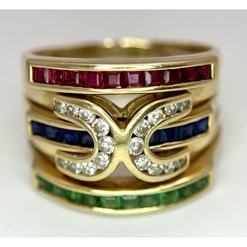 148 - A 14K YELLOW GOLD DIAMOND, RUBY, SAPPHIRE AND EMERALD FANCY RING. 7.4G, SIZE O. PUZZLE DESIGN CENTRE... 