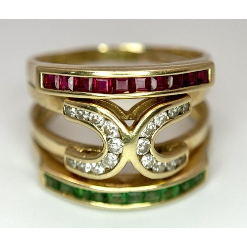 148 - A 14K YELLOW GOLD DIAMOND, RUBY, SAPPHIRE AND EMERALD FANCY RING. 7.4G, SIZE O. PUZZLE DESIGN CENTRE... 