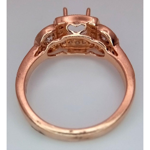 162 - A 14K ROSE GOLD DIAMOND SET RING MOUNT VINTAGE STYLE. 0.50CTW, 3.6G, SIZE L 1/2. WILL TAKE A 0.50CT ... 