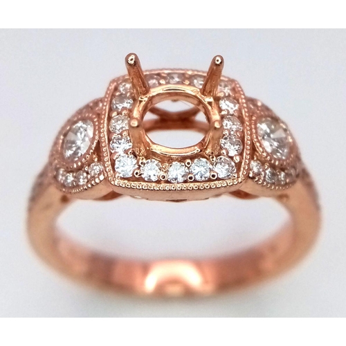 162 - A 14K ROSE GOLD DIAMOND SET RING MOUNT VINTAGE STYLE. 0.50CTW, 3.6G, SIZE L 1/2. WILL TAKE A 0.50CT ... 