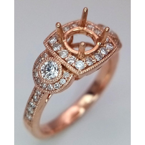 162 - A 14K ROSE GOLD DIAMOND SET RING MOUNT VINTAGE STYLE. 0.50CTW, 3.6G, SIZE L 1/2. WILL TAKE A 0.50CT ... 