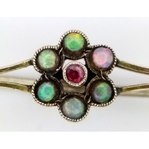 175 - Fabulous Antique EDWARDIAN 9 CARAT GOLD BROOCH set with FIRE OPALS and RUBY.2.02 grams.