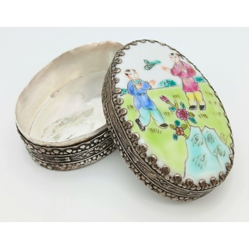 210 - Vintage CHINESE SILVER (tested) TRINKET/ KEEPSAKE BOX. Enamel painted picture lid. Oval shape. 88.5 ... 