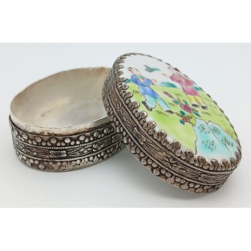 210 - Vintage CHINESE SILVER (tested) TRINKET/ KEEPSAKE BOX. Enamel painted picture lid. Oval shape. 88.5 ... 