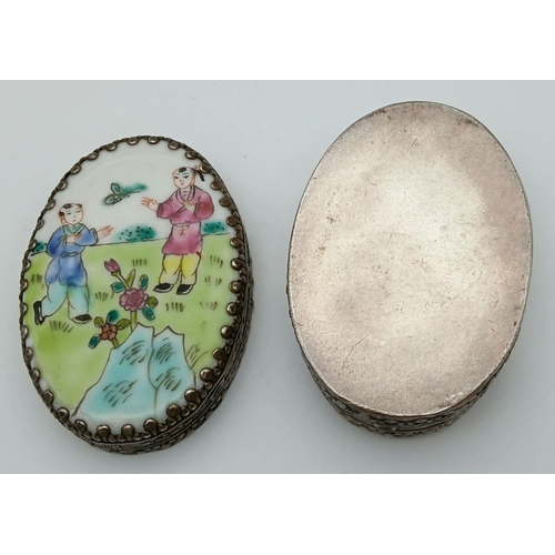 210 - Vintage CHINESE SILVER (tested) TRINKET/ KEEPSAKE BOX. Enamel painted picture lid. Oval shape. 88.5 ... 