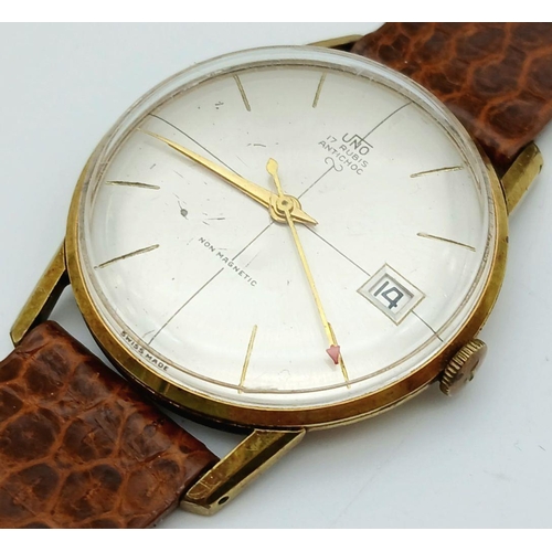 217 - Gentleman’s Vintage UNO 17 RUBIES WRISTWATCH. Heavy Gold Plating  (20 microns).Swiss Made. Sweeping ... 