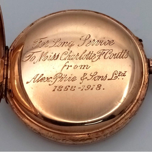 24 - A BEAUTIFULLY DECORATIVE 9K GOLD LADIES POCKET WATCH PRESENTED TO MISS CHARLOTTE COUTTS IN 1918 IN V... 