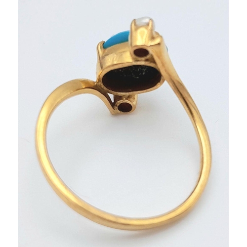 253 - A 18k yellow gold turquoise and pearl ring, 3.3g total weight, size L. Ref: 1502I