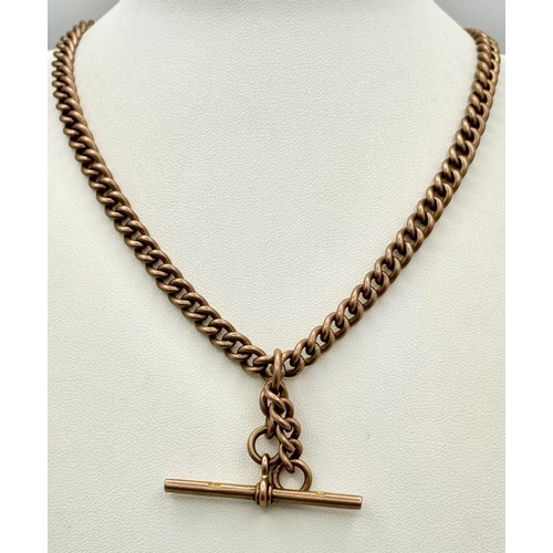 3 - AN ANTIQUE 9K ROSE GOLD WATCH CHAIN WITH 2 CLASPS AND T-BAR .    41cms     54.6gms